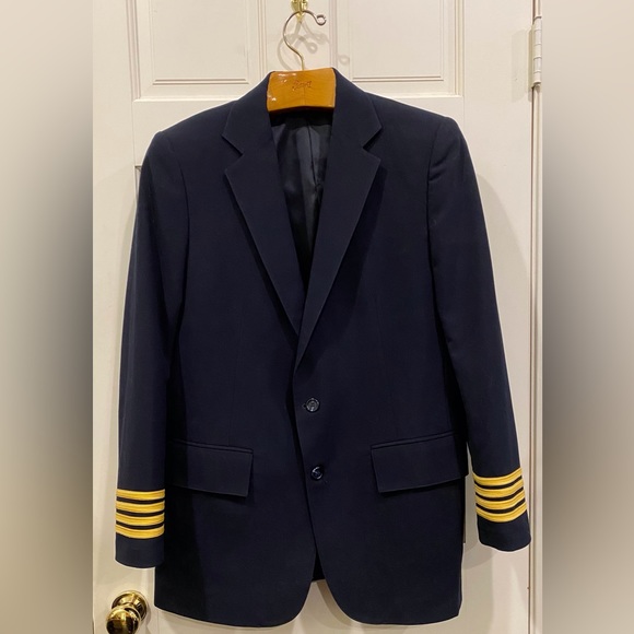 Vintage Naval jacket in blue wool with yellow stripes on arms - Picture 2 of 14